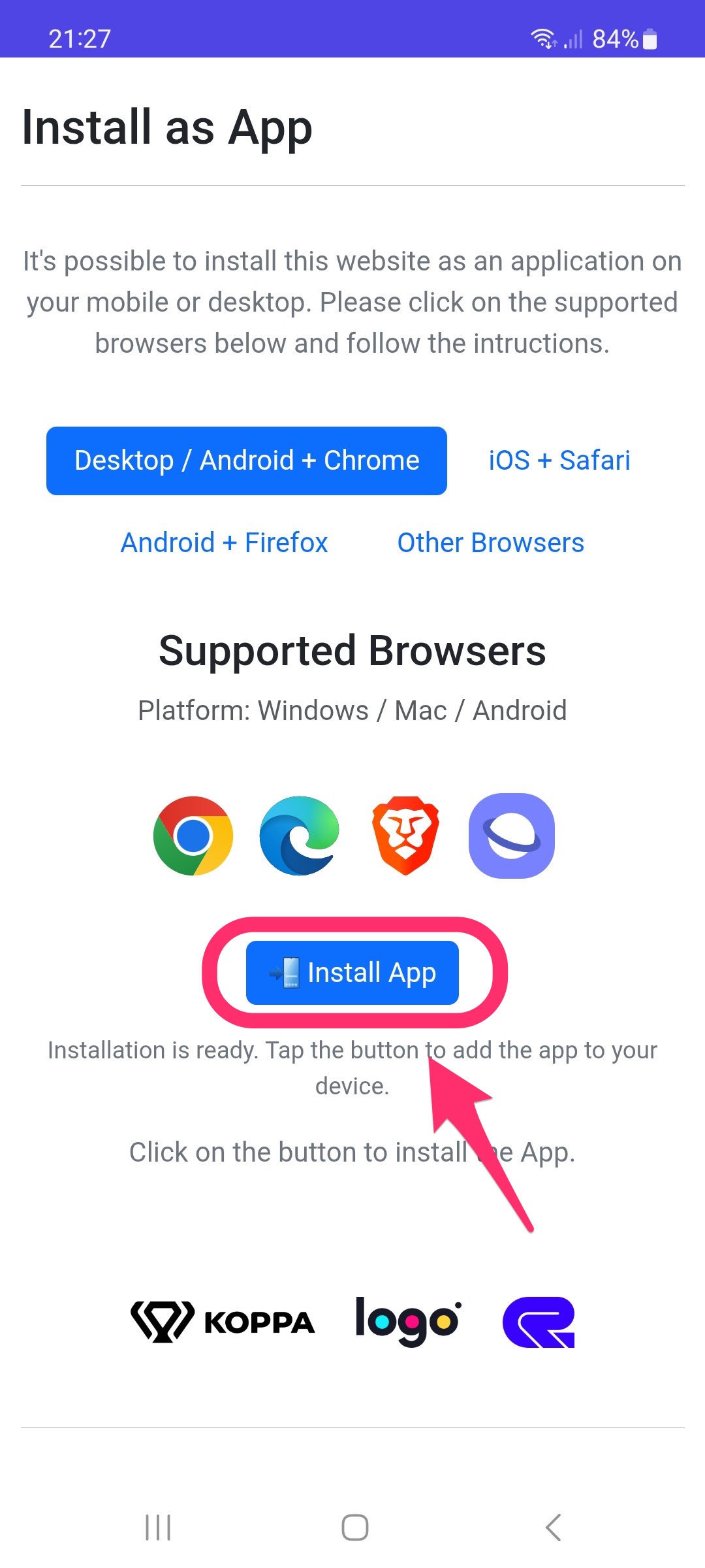 Bouton Installer l’appli dans Chrome sur Android