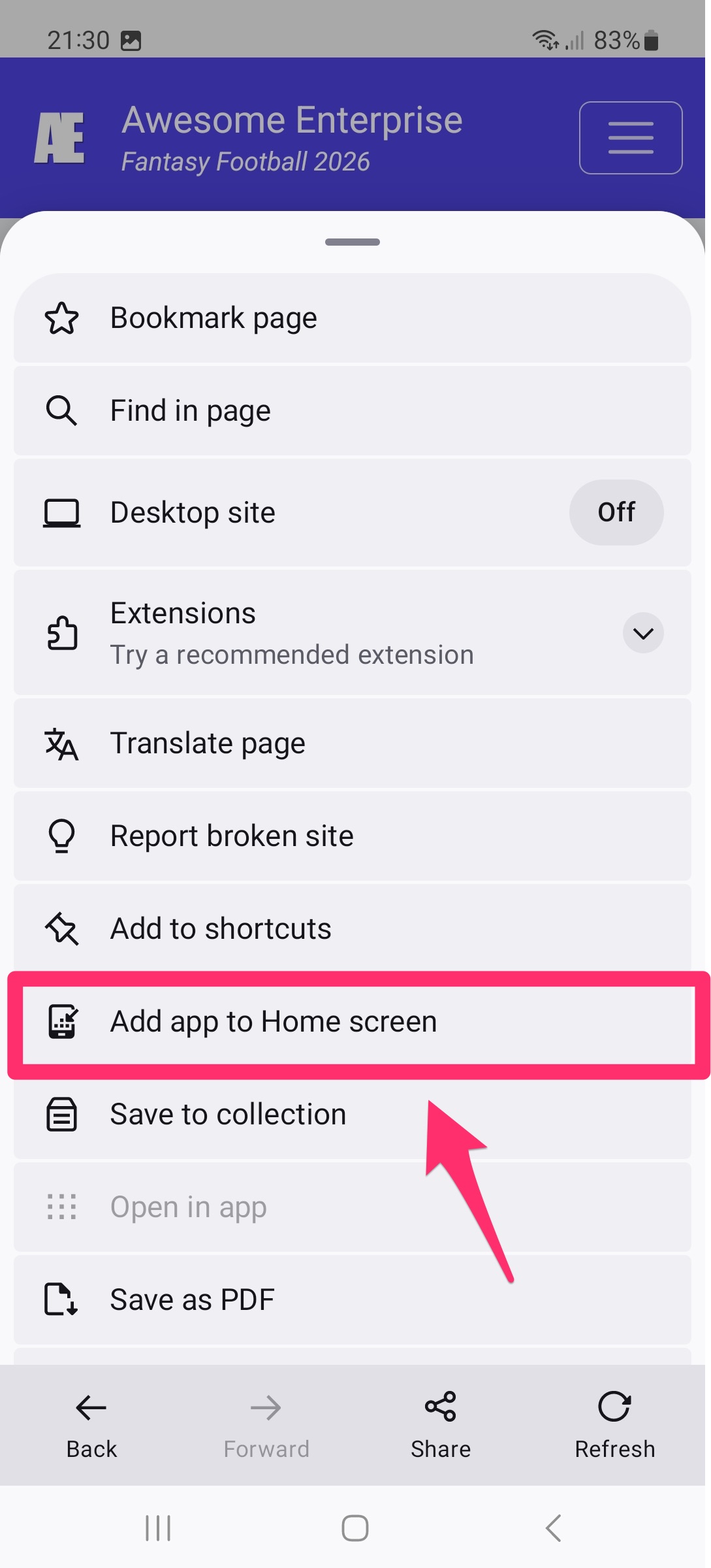 Option Ajouter l’application à l’écran d’accueil dans Firefox sur Android
